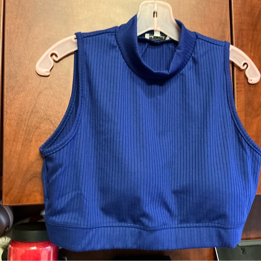Blue Sleeveless Ribbed Crop Top